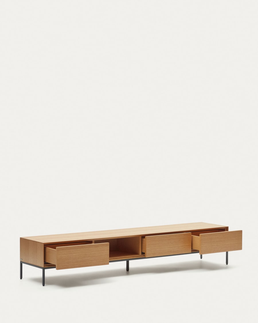 Vedrana 3 drawer TV stand in oak veneer with black steel legs, 195 x 35 cm