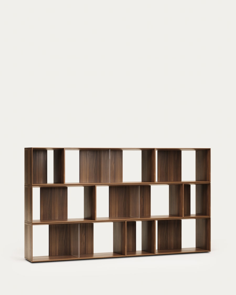 Litto set of 9 modular shelving units in walnut wood veneer, 202 x 114 cm