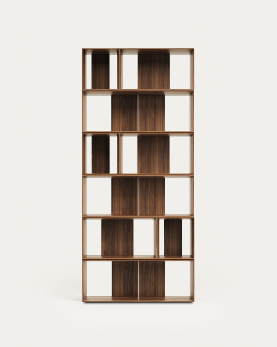 Litto set of 9 modular shelving units in walnut wood veneer, 202 x 114 cm