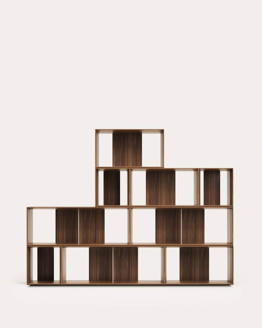 Litto set of 9 modular shelving units in walnut wood veneer, 202 x 114 cm
