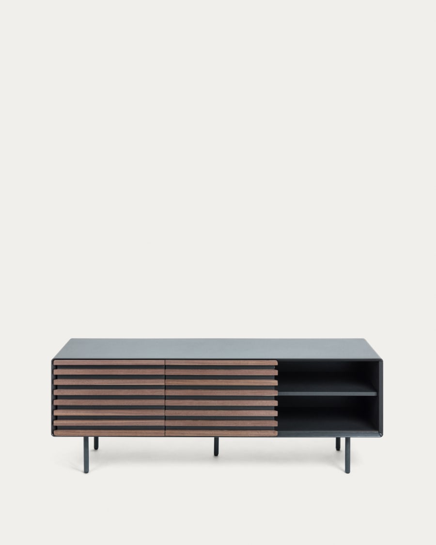 Kesia 2 door TV stand with walnut wood veneer with black lacquer & black steel, 162 x 58 cm