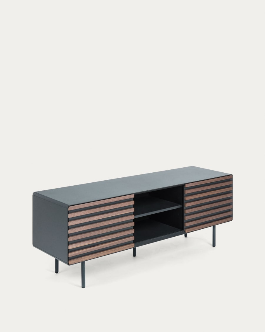 Kesia 2 door TV stand with walnut wood veneer with black lacquer & black steel, 162 x 58 cm