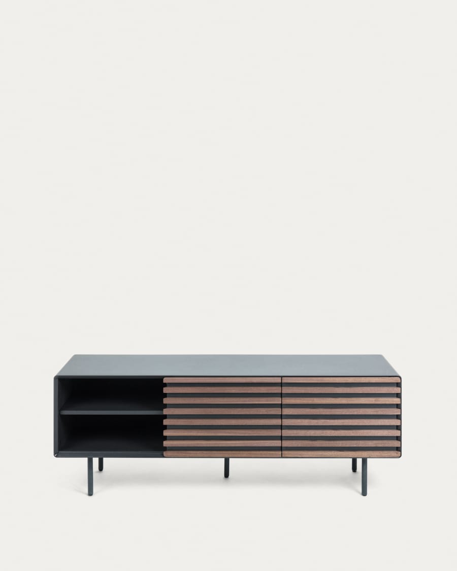 Kesia 2 door TV stand with walnut wood veneer with black lacquer & black steel, 162 x 58 cm