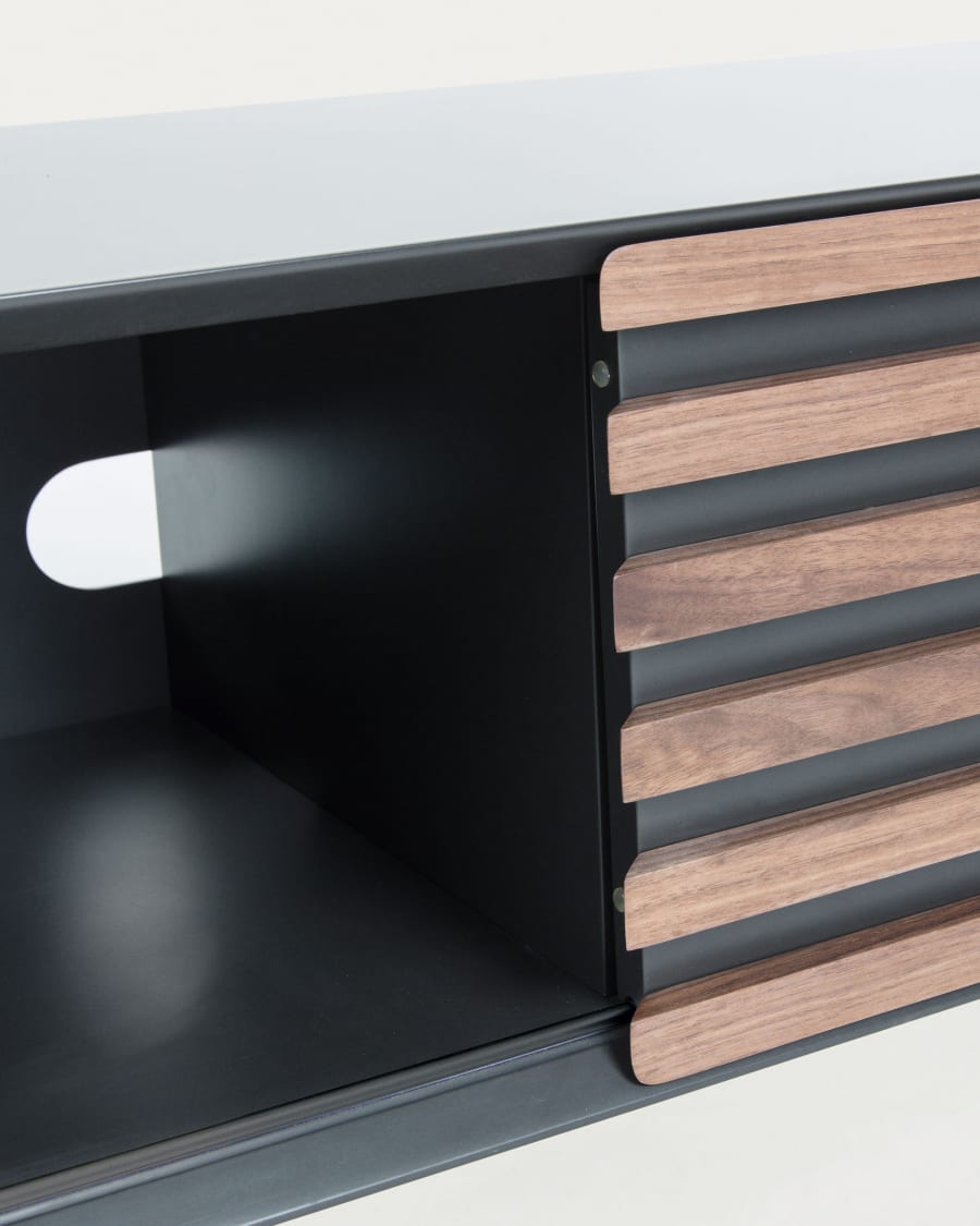 Kesia single door TV stand with walnut wood veneer with black lacquer & black steel, 120 x 48.5 cm