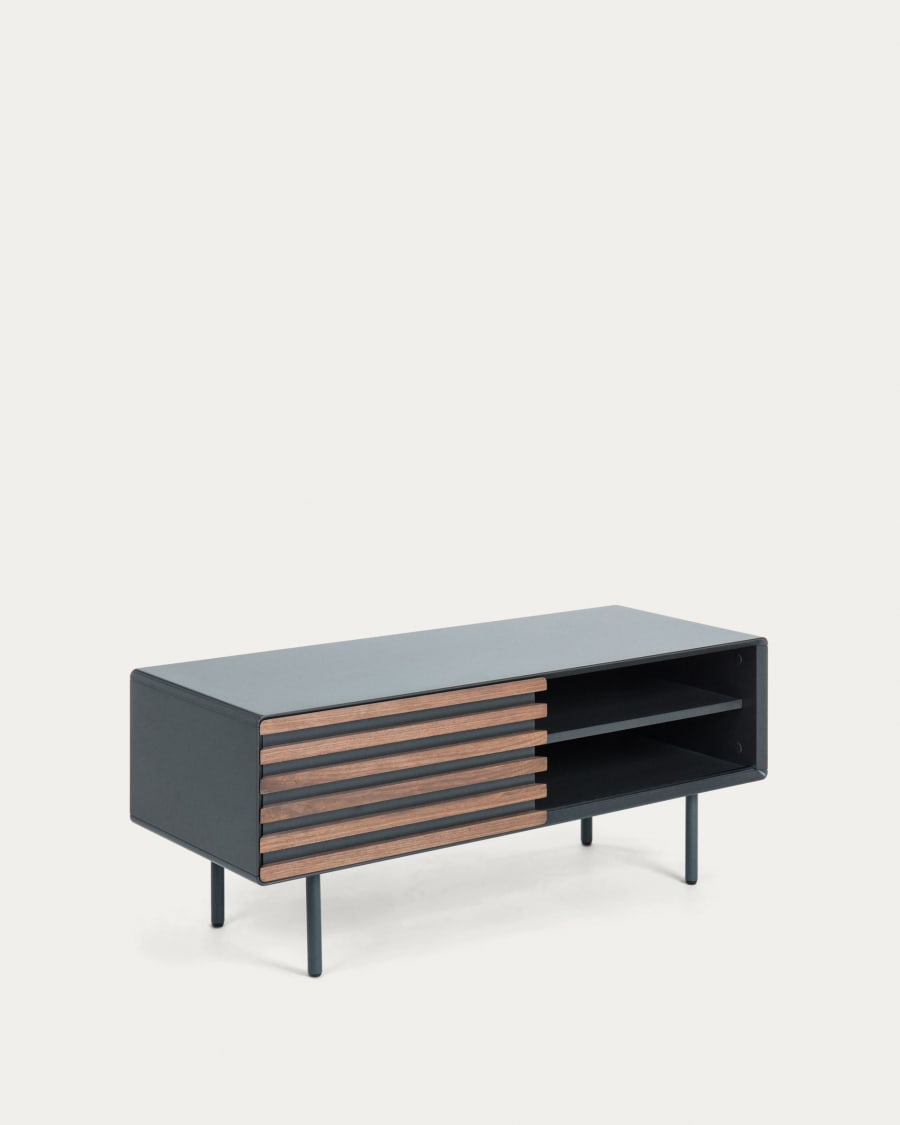 Kesia single door TV stand with walnut wood veneer with black lacquer & black steel, 120 x 48.5 cm