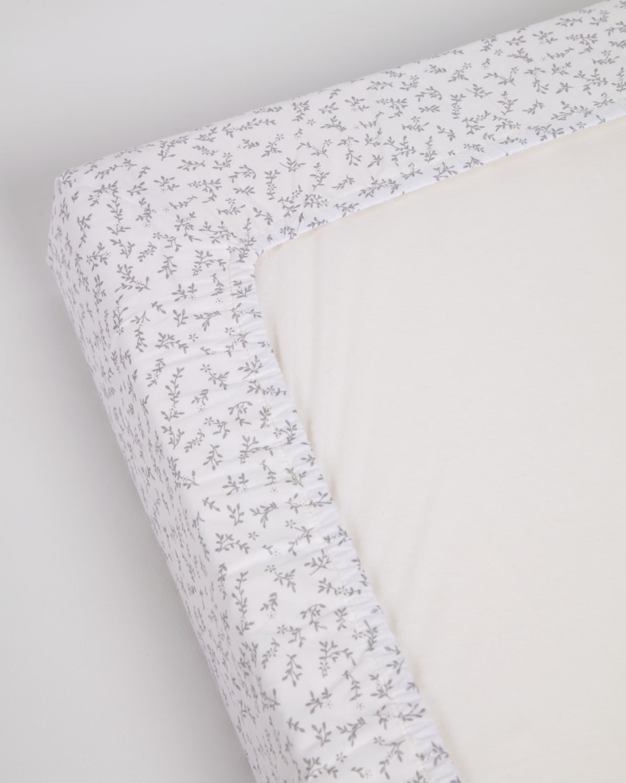 Yamile changing mat cover 100% organic cotton (GOTS) in white with grey leaves 50 x 70 cm