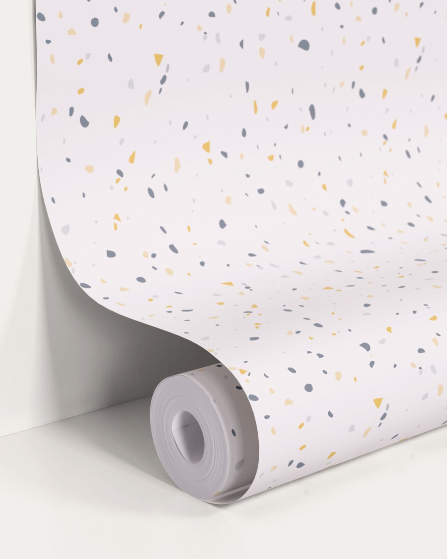 Nerta white wallpaper with blue and mustard terrazzo print 10 x 0.53 m FSC MIX Credit
