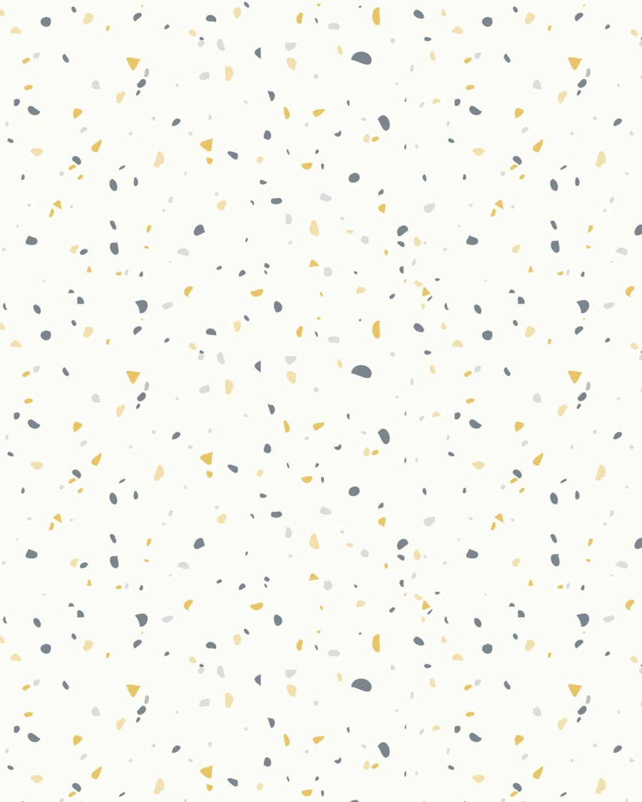 Nerta white wallpaper with blue and mustard terrazzo print 10 x 0.53 m FSC MIX Credit