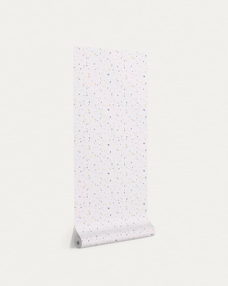 Nerta white wallpaper with blue and mustard terrazzo print 10 x 0.53 m FSC MIX Credit