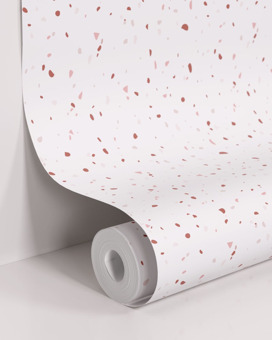 Nerta white wallpaper with terracotta and pink terrazzo print 10 x 0.53 m FSC MIX Credit