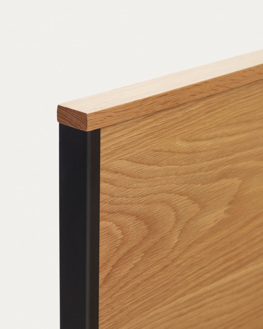 Taiana oak wood veneer bed with steel legs in a black finish, 160 x 200 cm