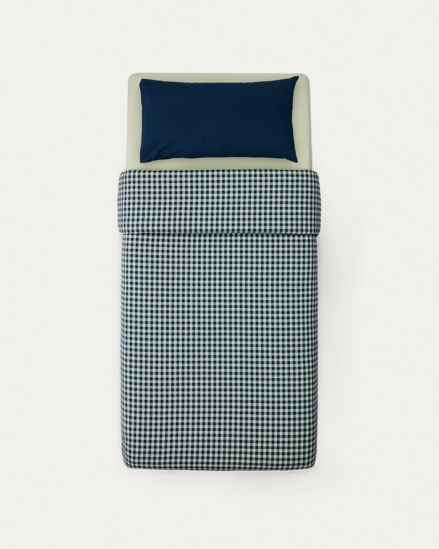 Set Yanil copripiumino, lenzuolo con angoli e federa 100% cotone a quadrati verde e blu 70x140cm