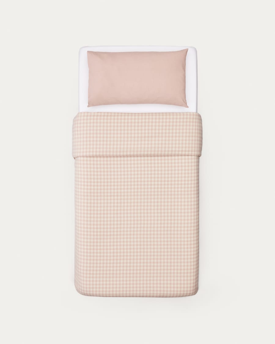 Set Yanil copripiumino, lenzuolo con angoli e federa 100% cotone a quadrati rosa e beige 90x190cm