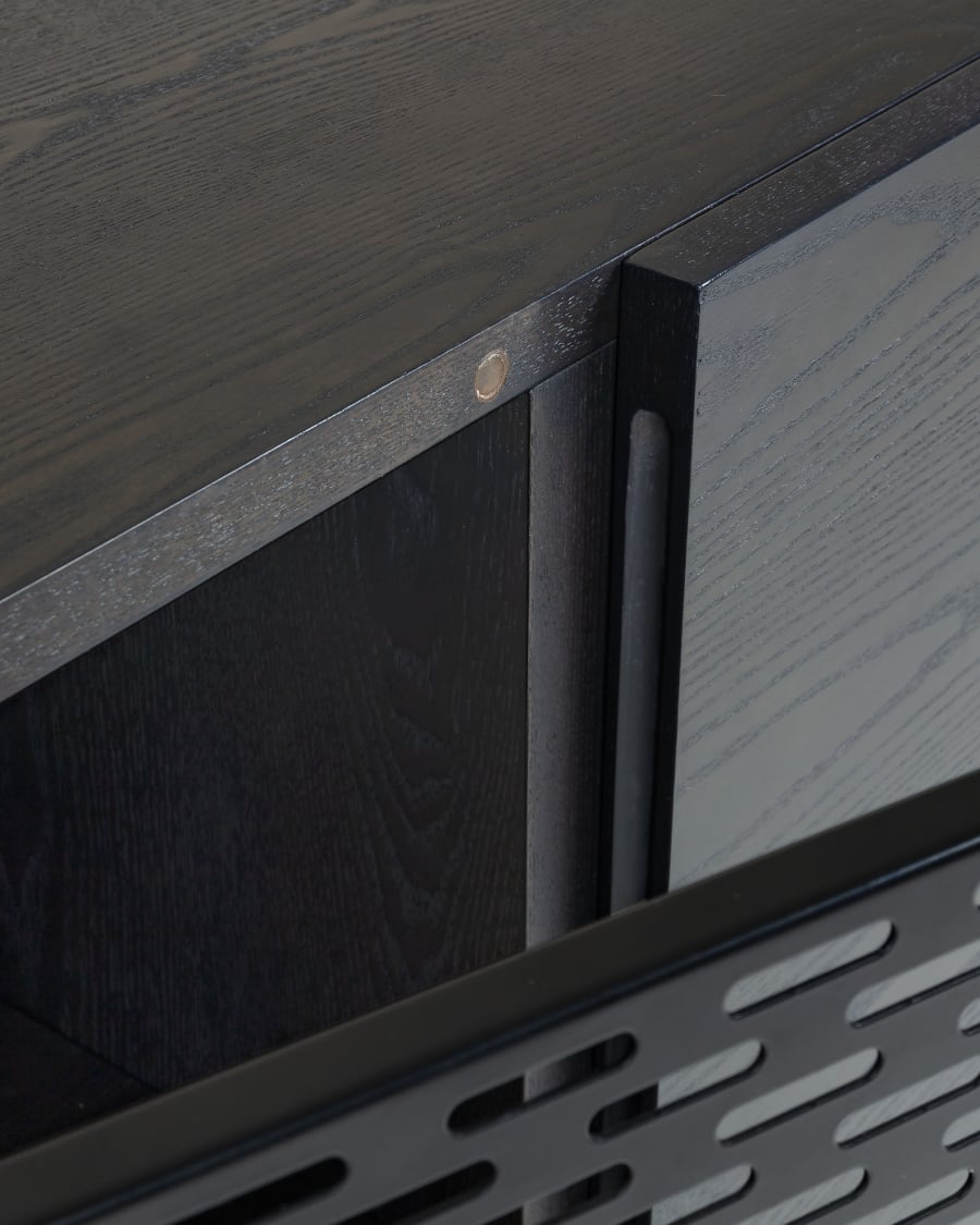 Milian ash wood veneer 3 door sideboard with steel finished in black & gold, 159 x 85 cm