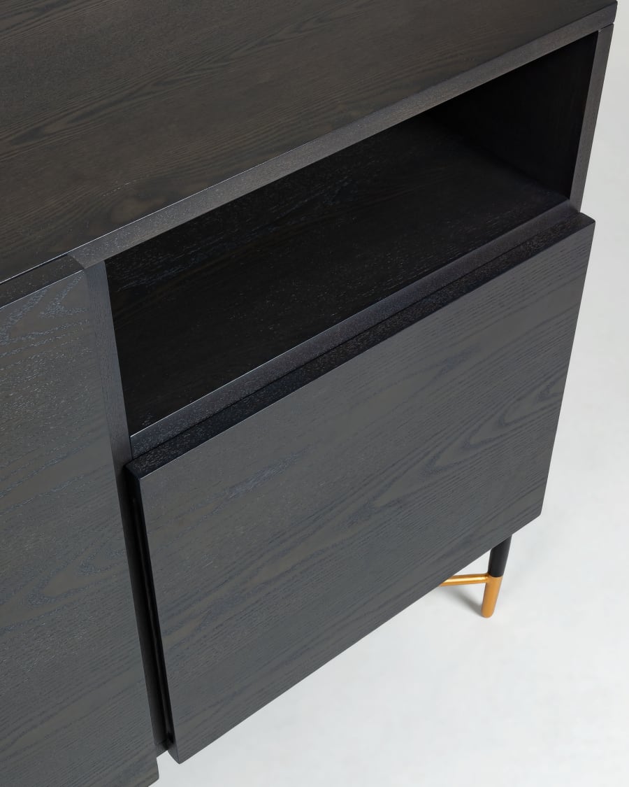 Milian ash wood veneer 3 door sideboard with steel finished in black & gold, 159 x 85 cm