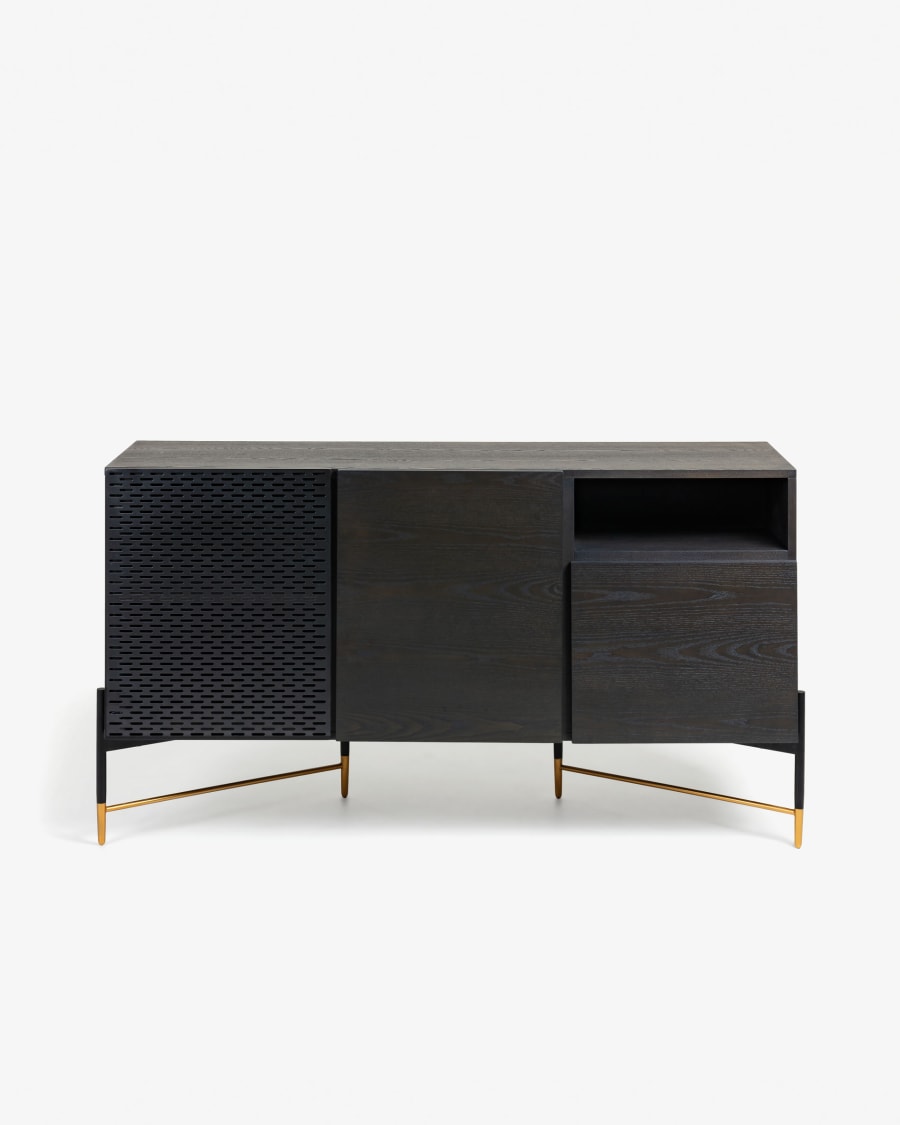 Milian ash wood veneer 3 door sideboard with steel finished in black & gold, 159 x 85 cm