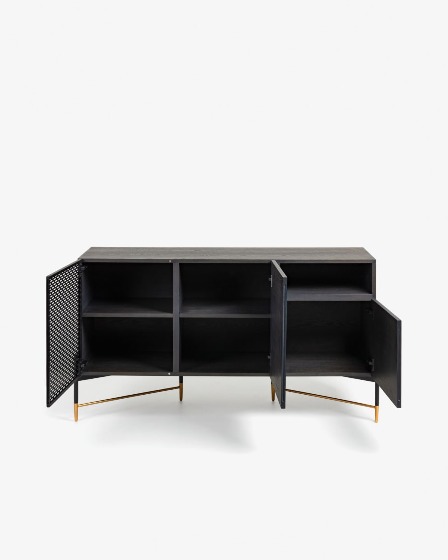 Milian ash wood veneer 3 door sideboard with steel finished in black & gold, 159 x 85 cm