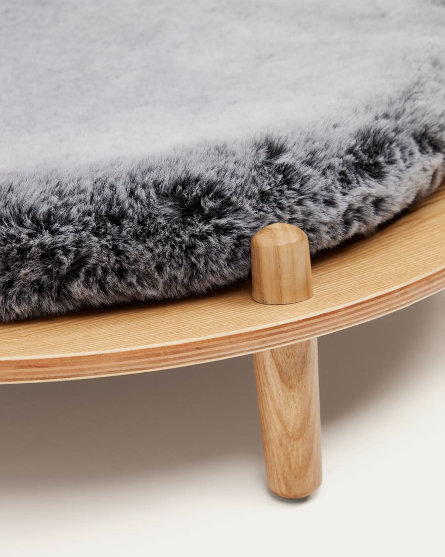 Bunola bed for pets made of ash plywood and cushion in grey fur, Ø 70 cm