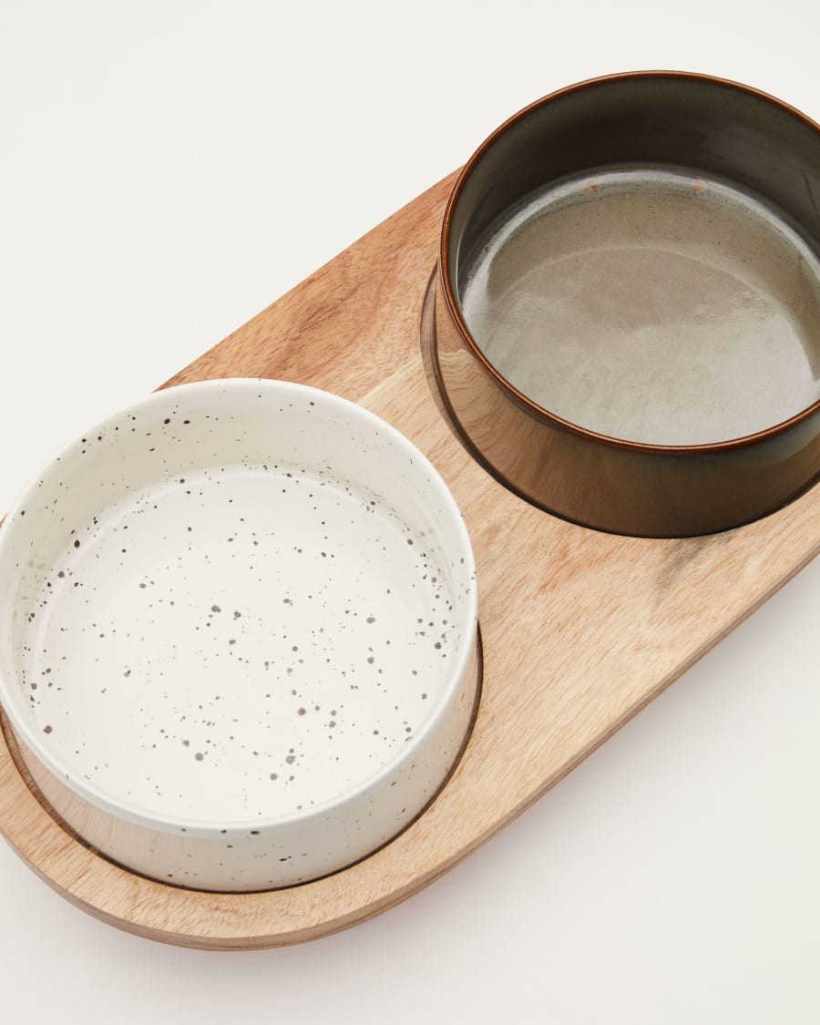 Dumbi set of 2 pet food and water bowls with support in white and brown Ø 14 cm FSC 100%
