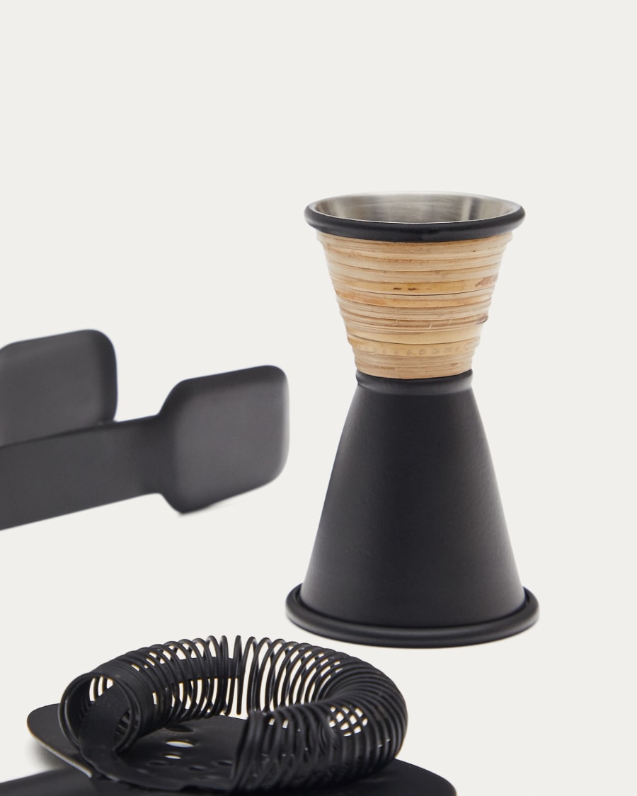 Shai set of black stainless steel and rattan cocktail utensils