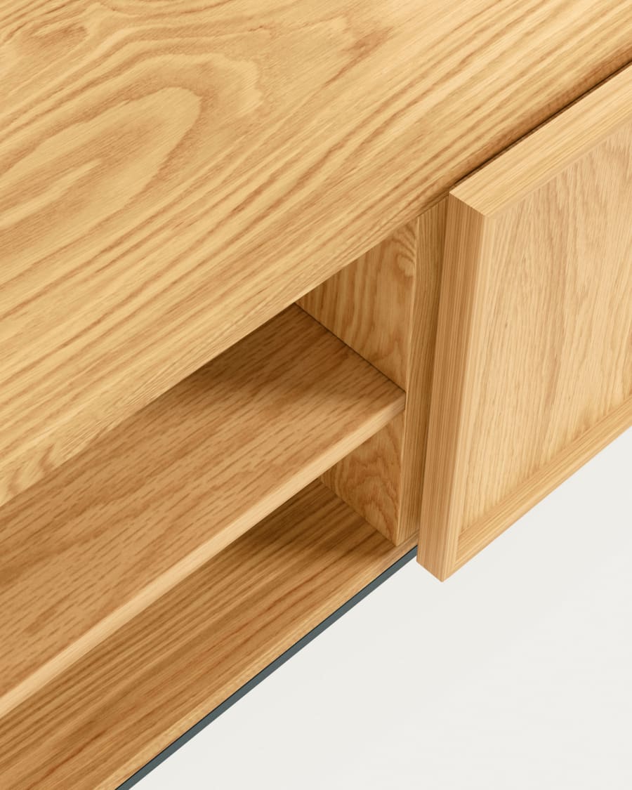 Taiana single door TV stand with oak veneer and steel frame in black finish, 112 x 51 cm