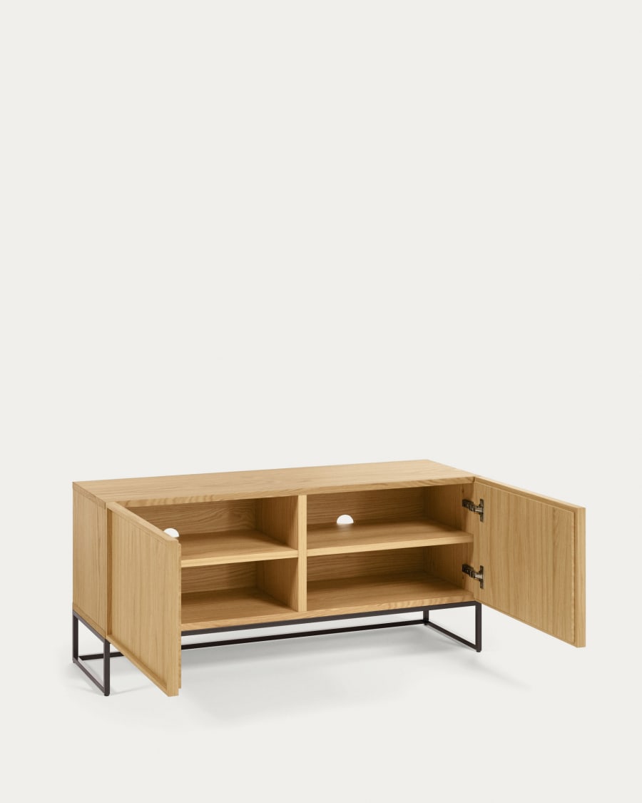 Taiana 2 door TV stand with oak veneer and steel frame in black finish, 112 x 51 cm
