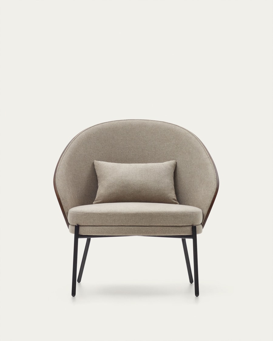 Eamy light brown armchair in an ash wood veneer with a walnut finish and black metal