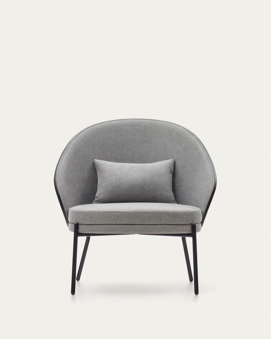 Eamy light grey armchair in an ash wood veneer with a black finish and black metal