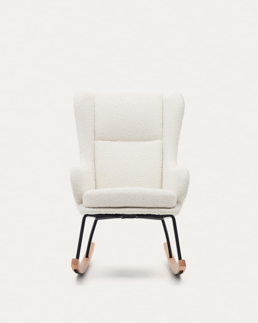 Maustin rocking chair in white bouclé with a black steel structure and beech wood