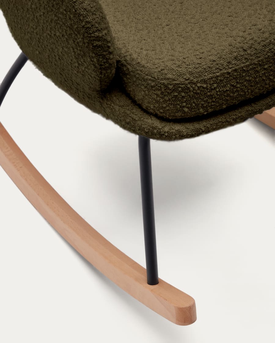 Maustin rocking chair in green bouclé with a dark green steel structure and beech wood