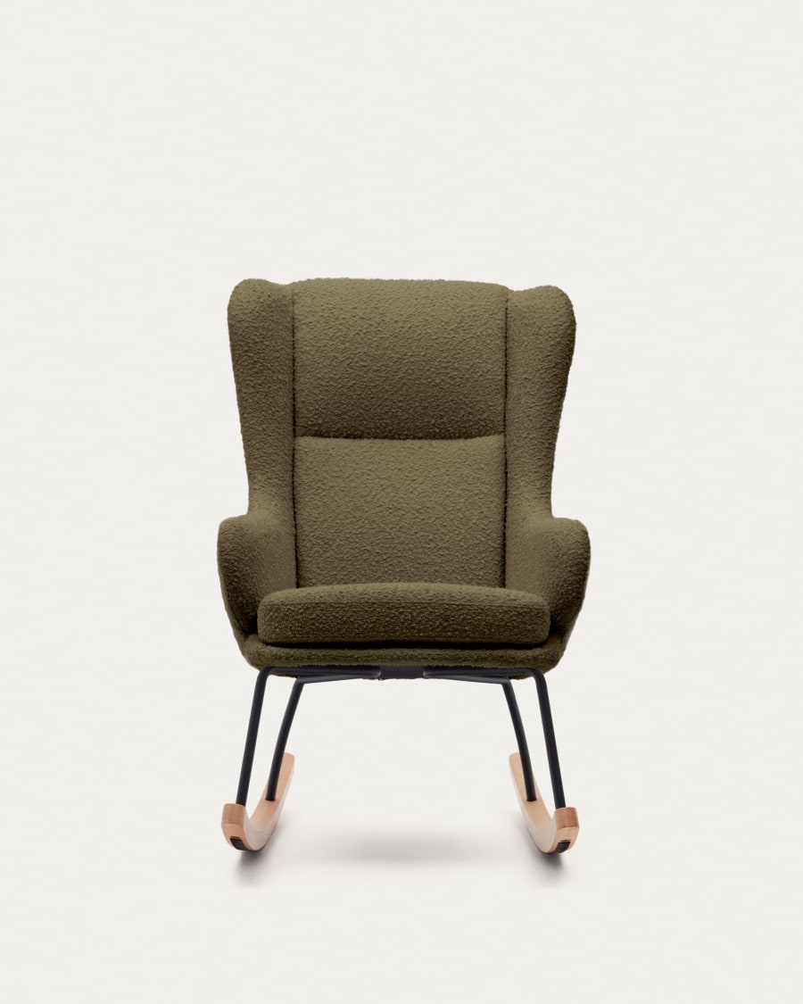 Maustin rocking chair in green bouclé with a dark green steel structure and beech wood
