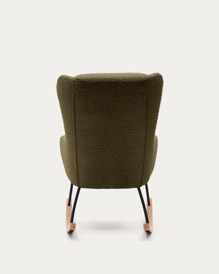 Maustin rocking chair in green bouclé with a dark green steel structure and beech wood
