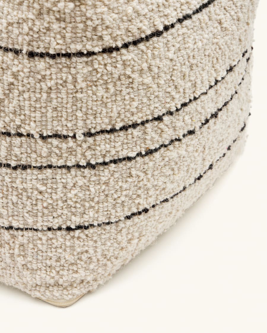 Micol beige wool pouffe with black stripes 40 x 40 cm