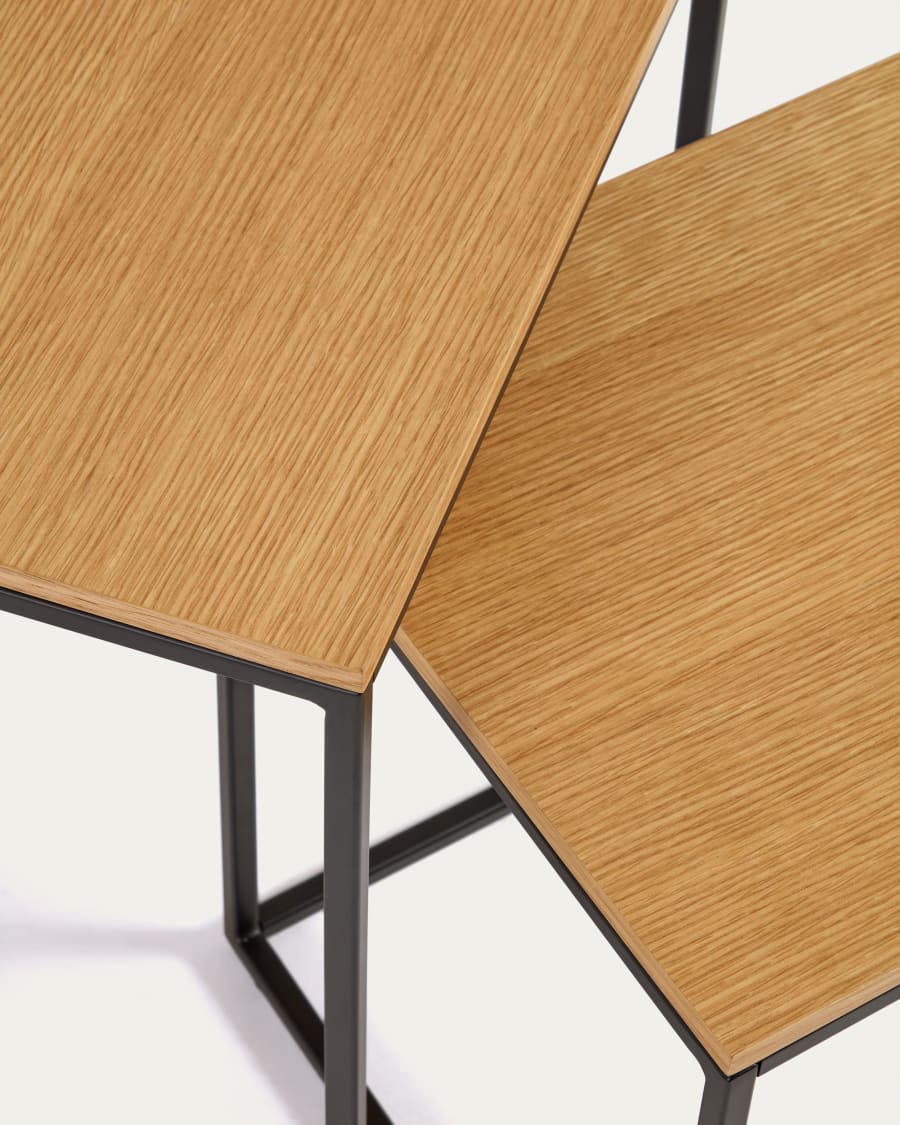 Yoana set of 2 nesting side tables with oak wood veneer and black painted metal structure