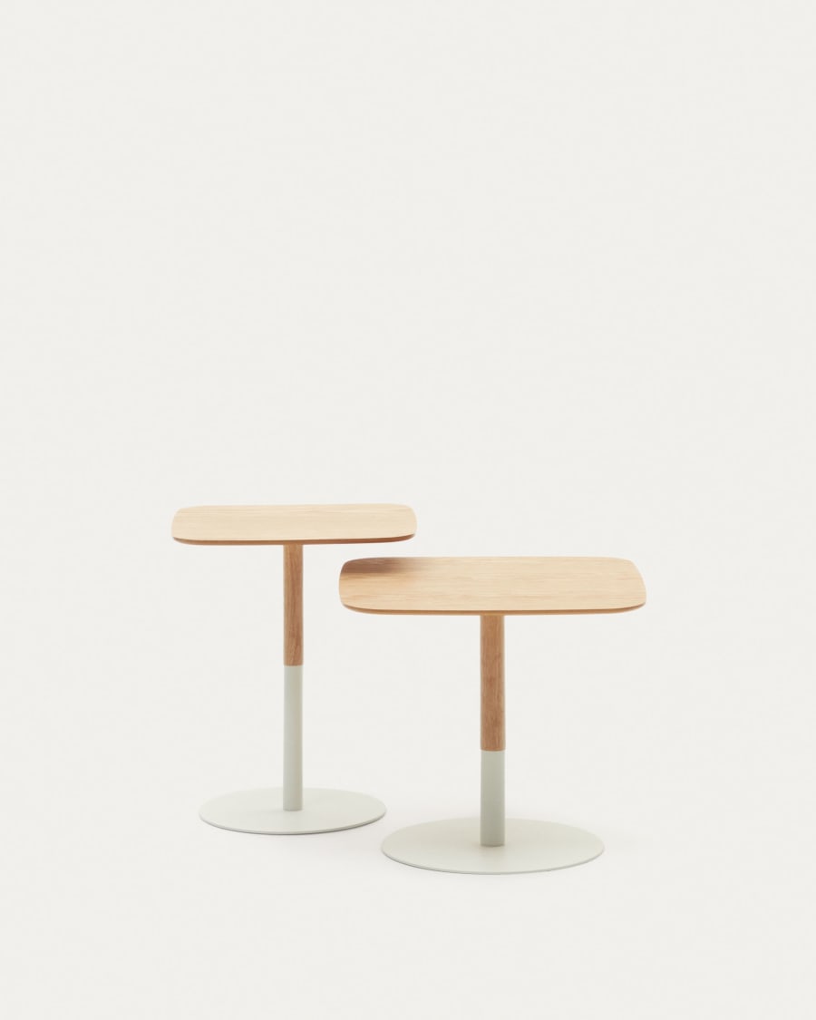 Watse set of 2 side tables in oak wood veneer and matte white metal