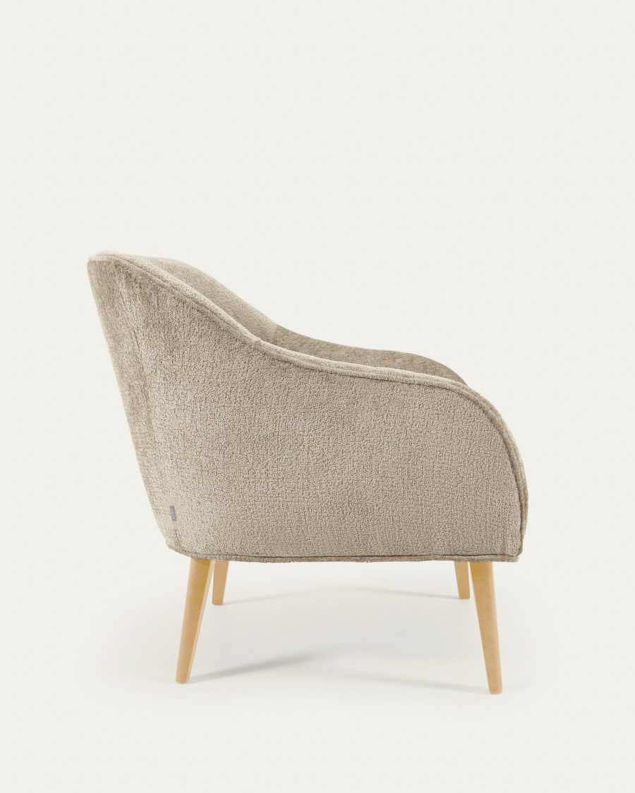 Bobly armchair in beige chenille with wooden legs with natural finish