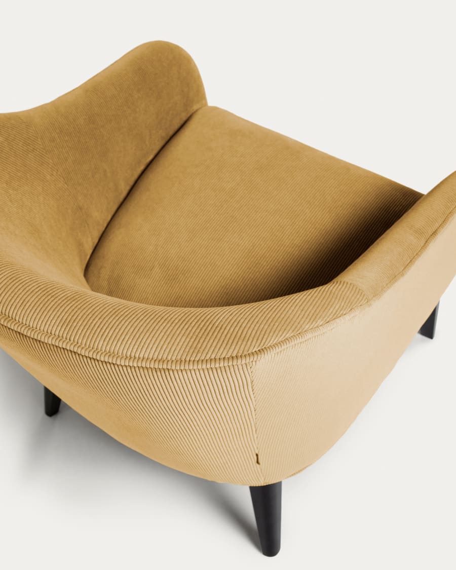 Πολυθρόνα Butaca, μουσταρδί κοτλέ και πόδια σε wenge φινίρισμα