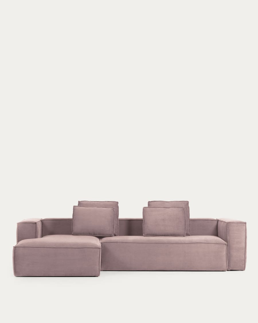 Blok 4 seater sofa with left side chaise longue in pink wide seam corduroy, 330 cm
