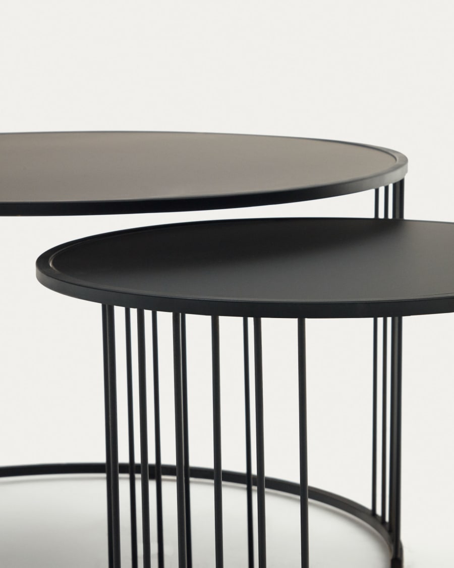 Hadar set of 2 tempered glass & metal side tables with matte black finish, Ø 75cm / Ø 45cm
