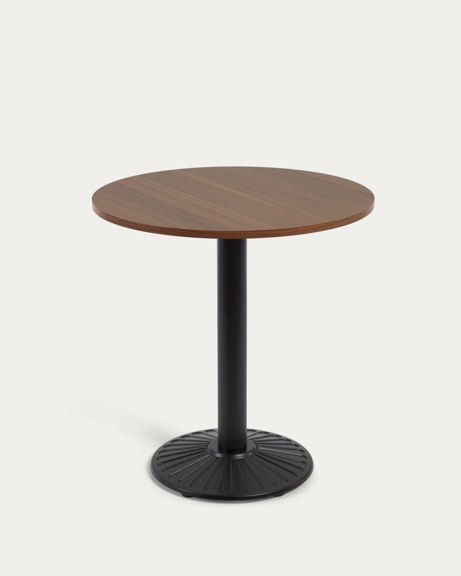 Tiaret round table in walnut wood finish with metal leg in a painted black finish, Ø 69.5cm