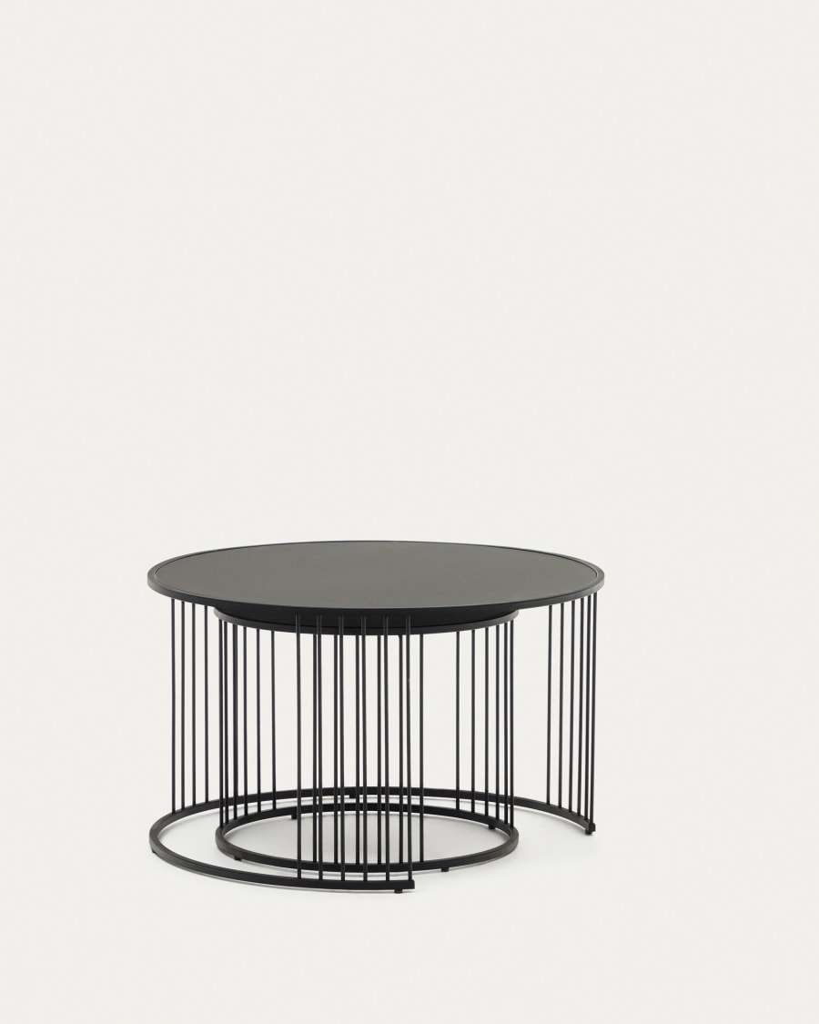 Hadar set of 2 tempered glass & metal side tables with matte black finish, Ø 75cm / Ø 45cm