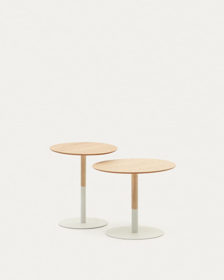 Watse set of 2 side tables in oak wood veneer and matte white metal, Ø 40 cm/Ø 48 cm