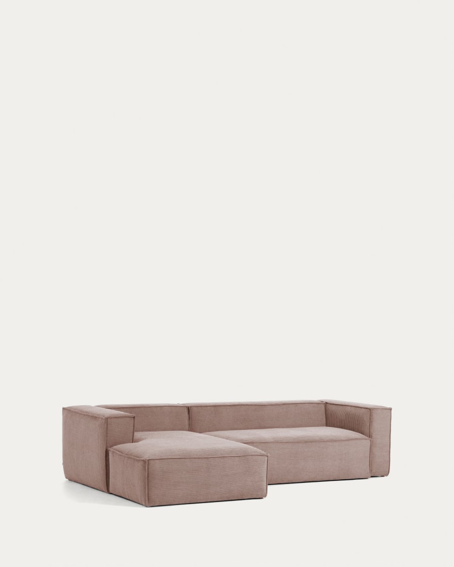 Blok 3 seater sofa with left side chaise longue in pink wide seam corduroy, 300 cm