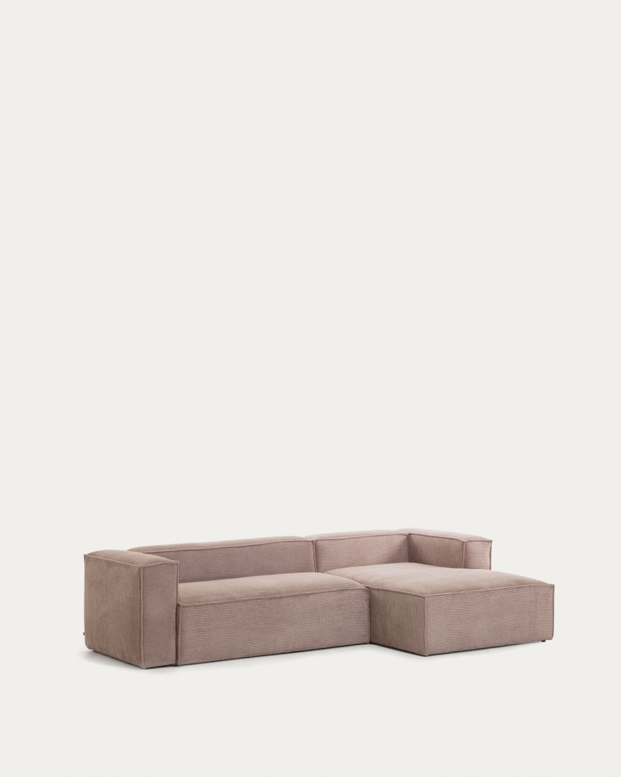 Blok 3 seater sofa with right side chaise longue in pink wide seam corduroy, 300 cm