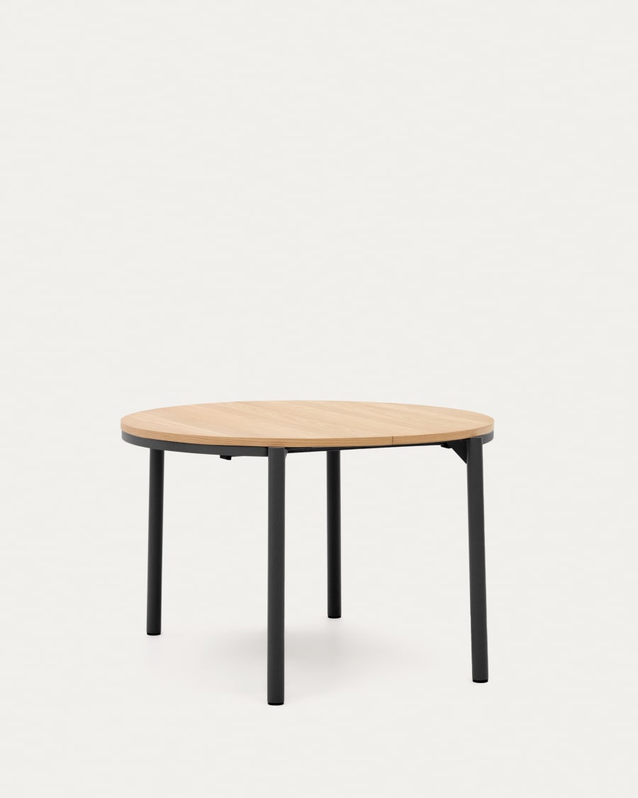 Montuiri extendable round table in oak veneer and steel legs with black finish, Ø 120 (200) cm