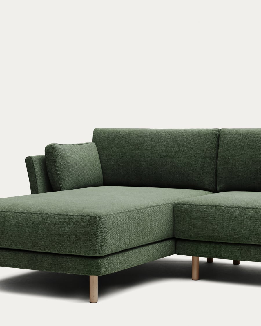 Gilma 3 seater sofa w/ left/right side chaise in green and natural finish legs, 260 cm FR