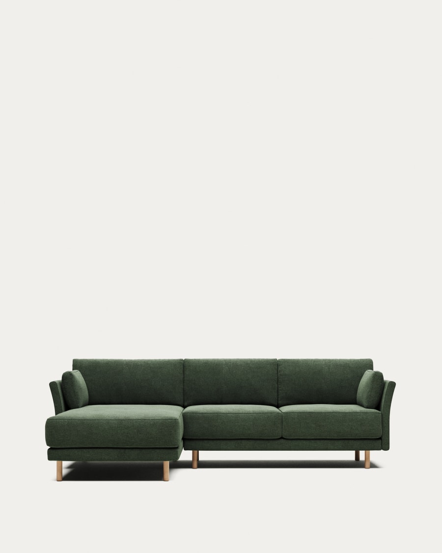 Gilma 3 seater sofa w/ left/right side chaise in green and natural finish legs, 260 cm FR