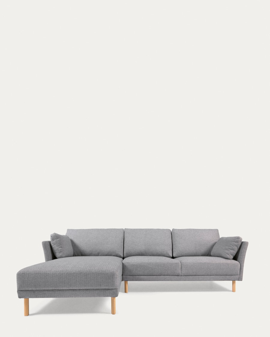 Gilma 3 seater with right/left-hand chaise longue, light grey, natural wood legs, 260 cm