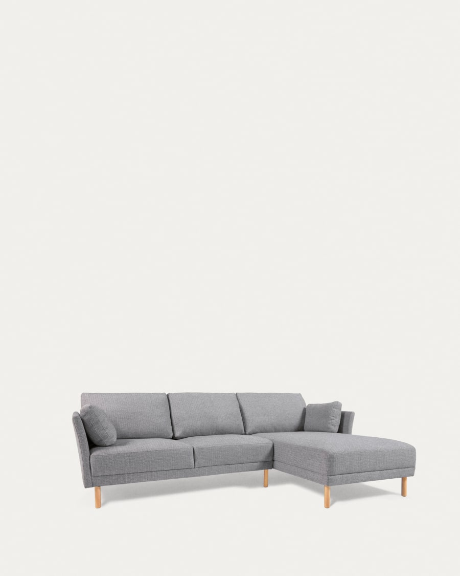 Gilma 3 seater with right/left-hand chaise longue, light grey, natural wood legs, 260 cm