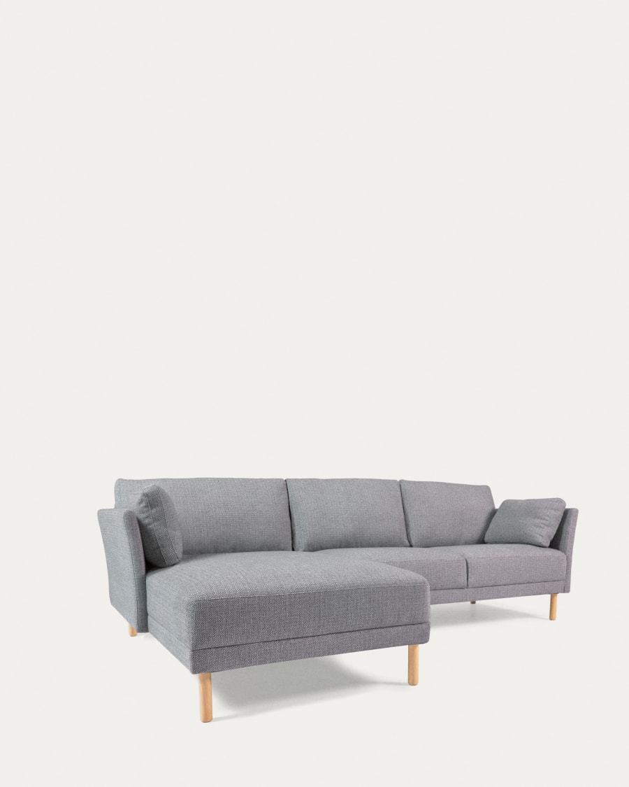 Gilma 3 seater with right/left-hand chaise longue, light grey, natural wood legs, 260 cm